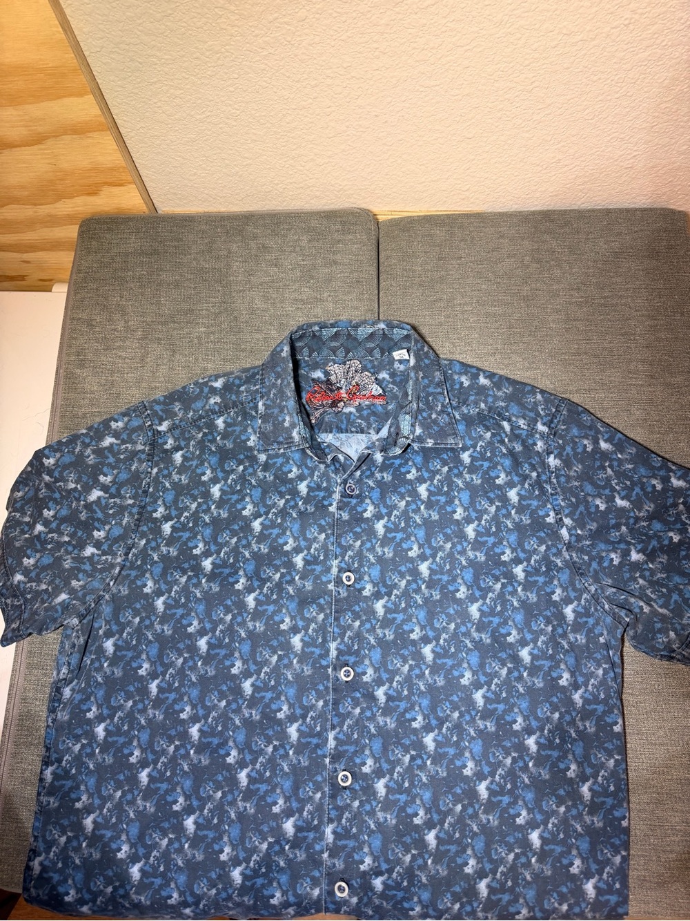 Robert Graham Mens Blue Grey Abstract Floral Short Sleeve Button Down Shirt L